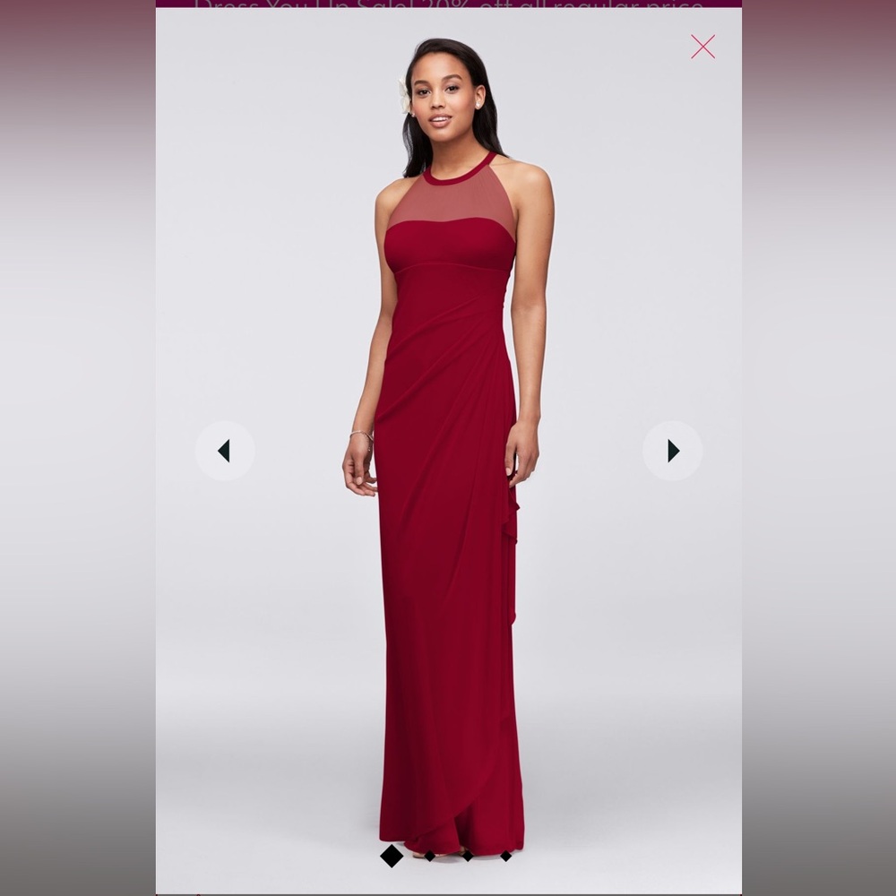 David’s Bridal sleeveless long mesh dress with illusion neckline in Apple